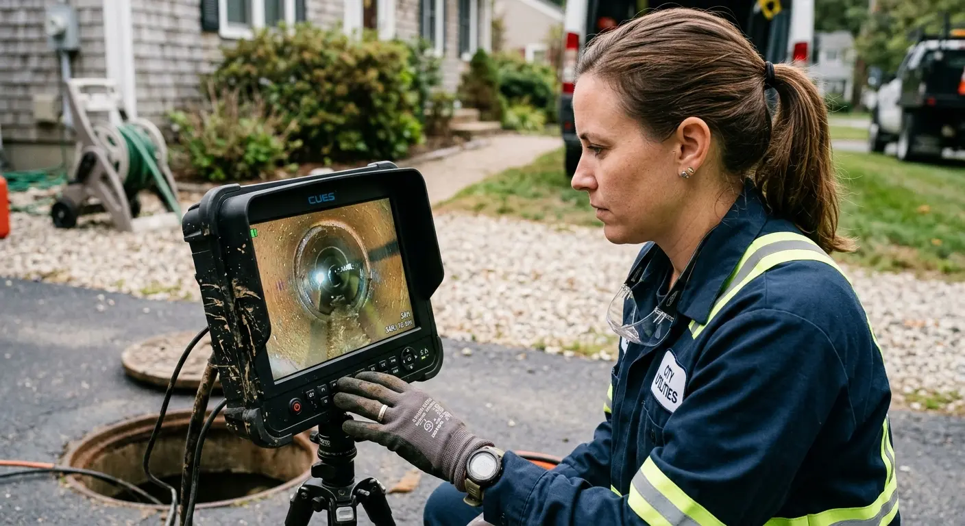 Technician reviewing sewer camera inspection footage in Grand Forks