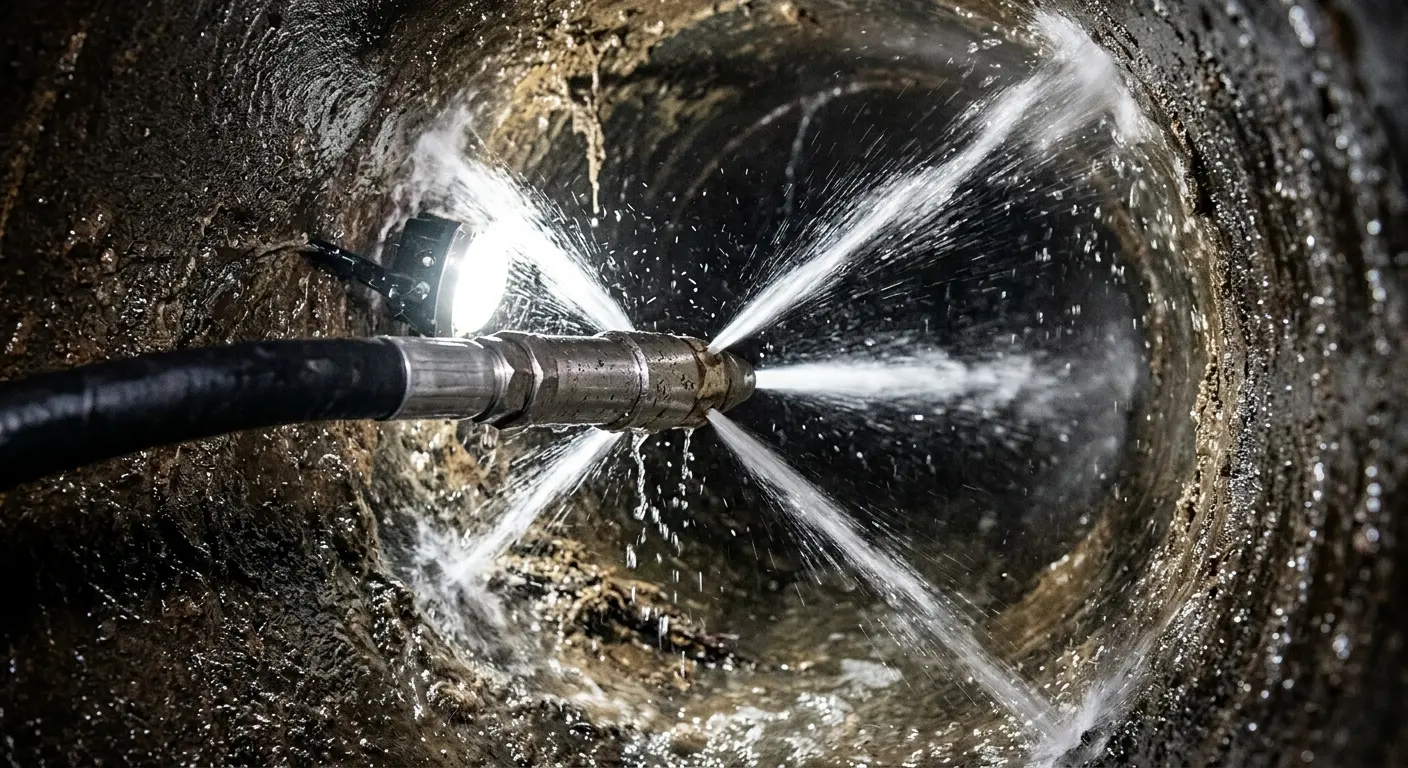 High-pressure hydro jetting nozzle cleaning sewer pipe for Emergency Drain Service in Grand Forks