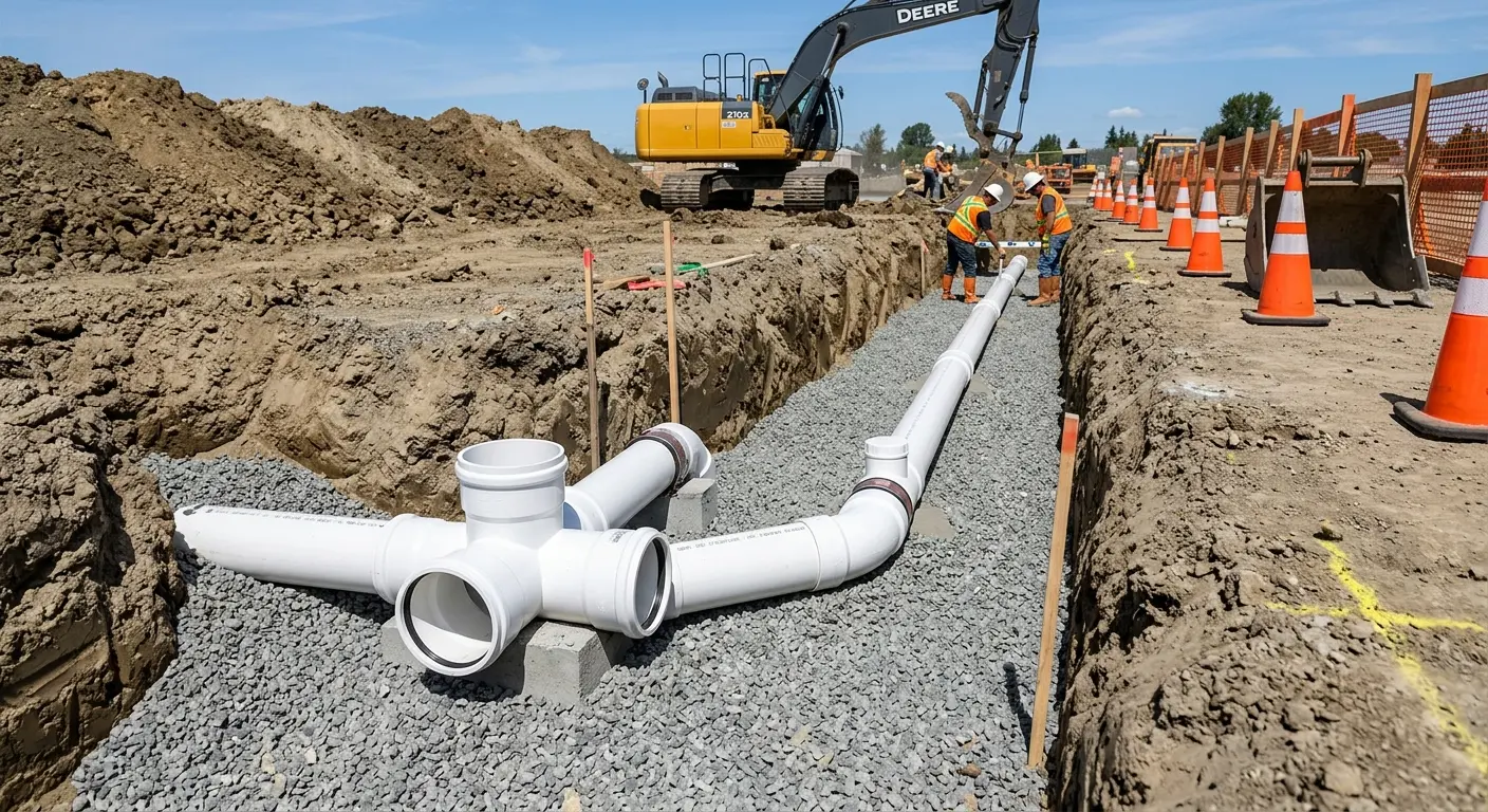 New PVC sewer pipe installation in open trench for Commercial Drain Cleaning in Grand Forks
