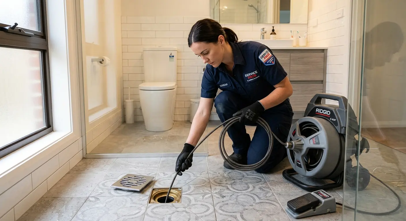 Technician clearing a bathroom floor drain for Drain Cleaning in Grand Forks